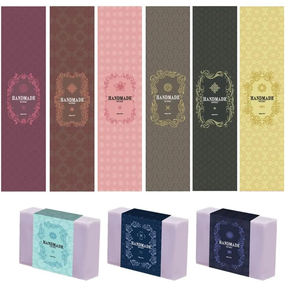 90PCS Handmade Wrap Label Tape 9 Styles Floral Kraft Paper Soap Wrappers Vertical Soap Paper Tag Sleeves Covers for