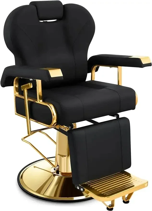 Professional Reclining Salon Chair with Adjustable Backrest, Elegant Black Gold Barber Chair