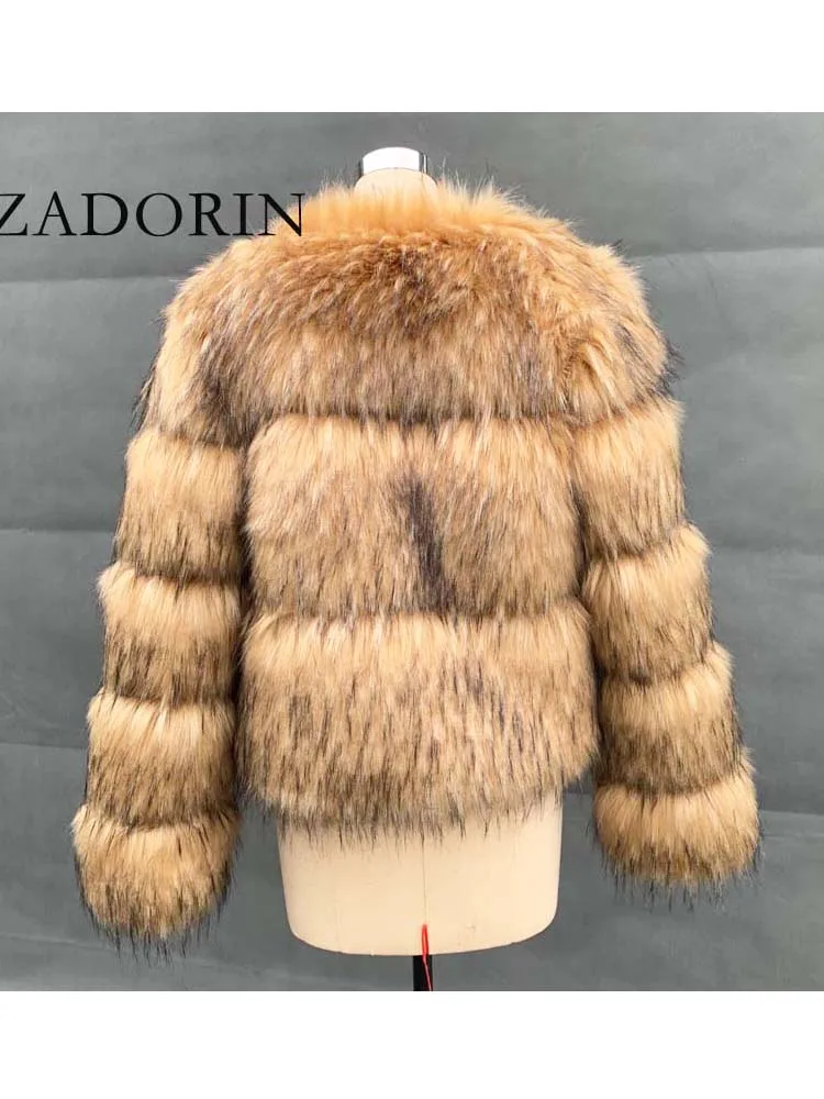 ZADORIN Women Fashion Faux Raccoon Fur Coat Luxury Short Furry Fur Top Jacket Women Winter Plush Fluffy Fur Coats for Women 6