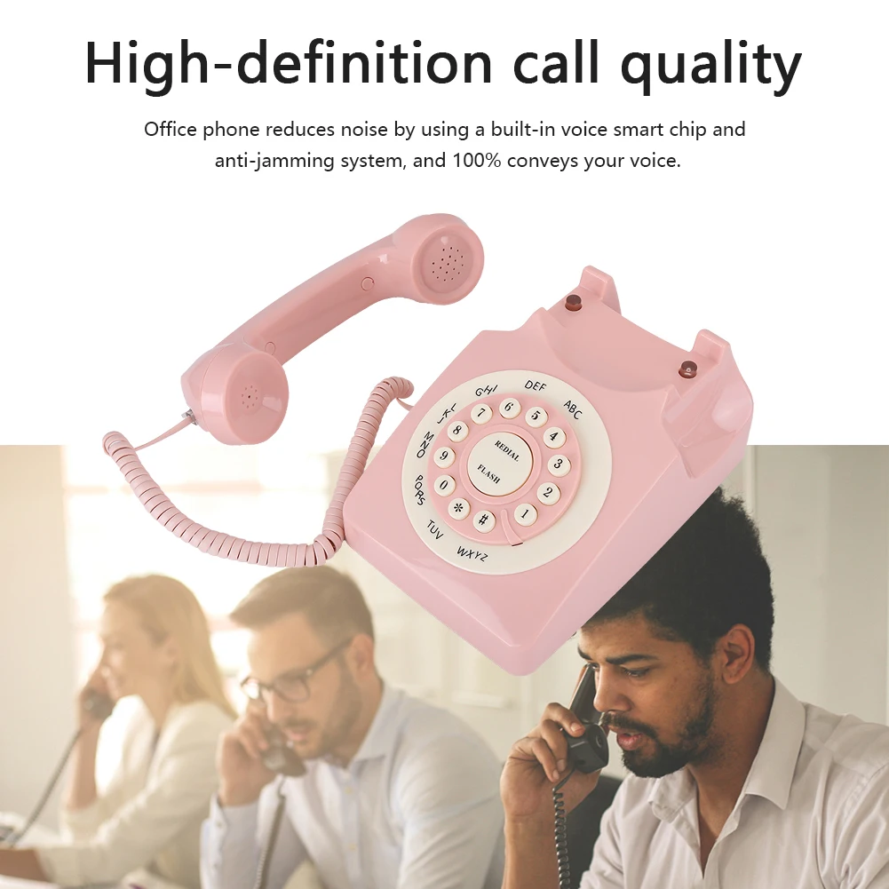 Landline Desk Telephone Vintage Telephone High Definition Call Quality Wired Telephone for Home  Pink