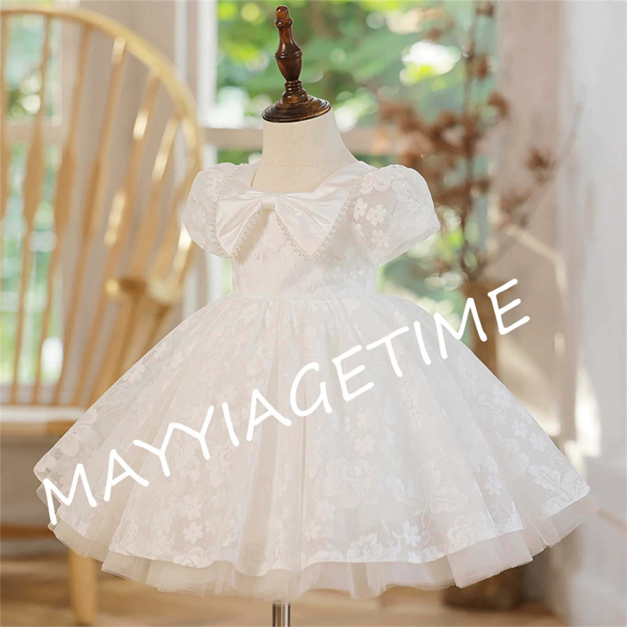 

Sweetheart Flower Girl Dress For Wedding Kids Birthday Short Sleeve A-line Ball Gown Knee-Length Princess Bow Pearl Lace Dresses