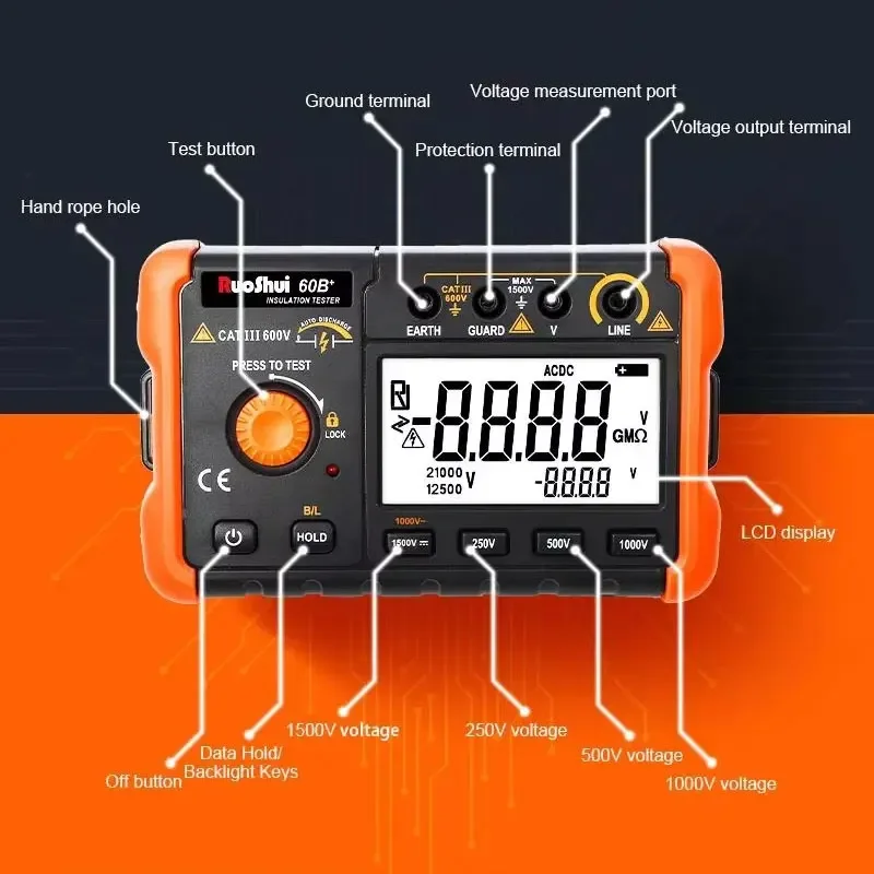 Insulation Resistance Tester 60B+ 1000V Megohmmeter 5G&Omega; Ohm Meter Digital Ohmmeter Electrical Megometer resistance tester