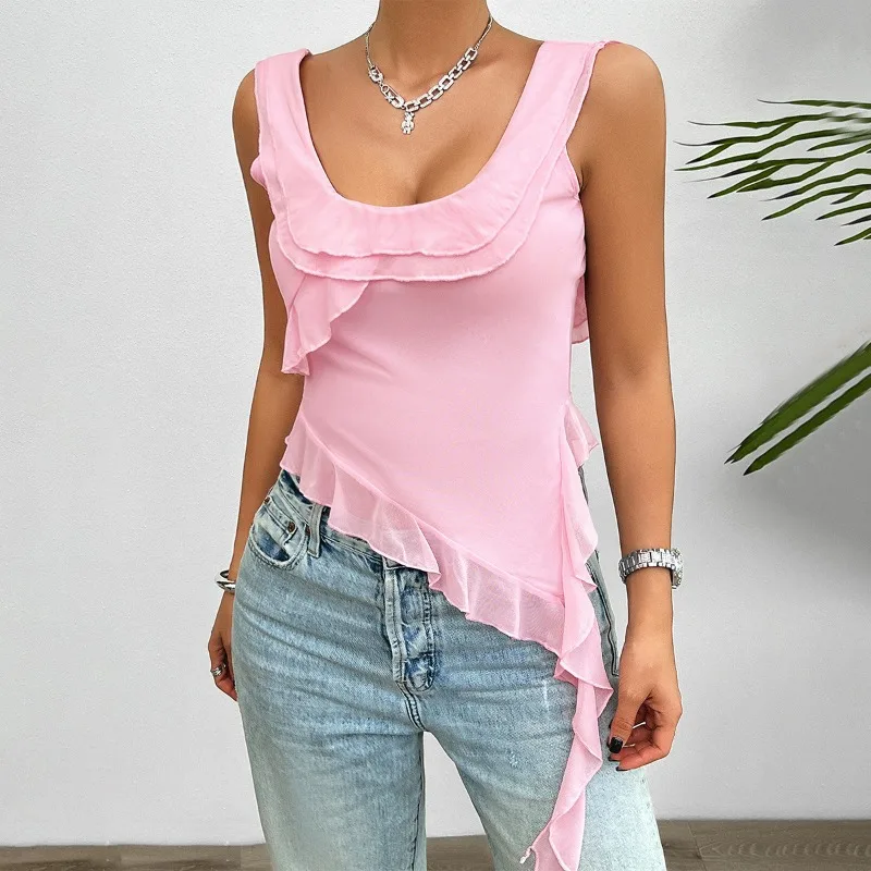 

Women's Casual U-neck Asymmetric Mesh Ruffle Top Temperament Commuting 2024 Summer Women Fashion Skinny Sleeveless Crop T-shirt