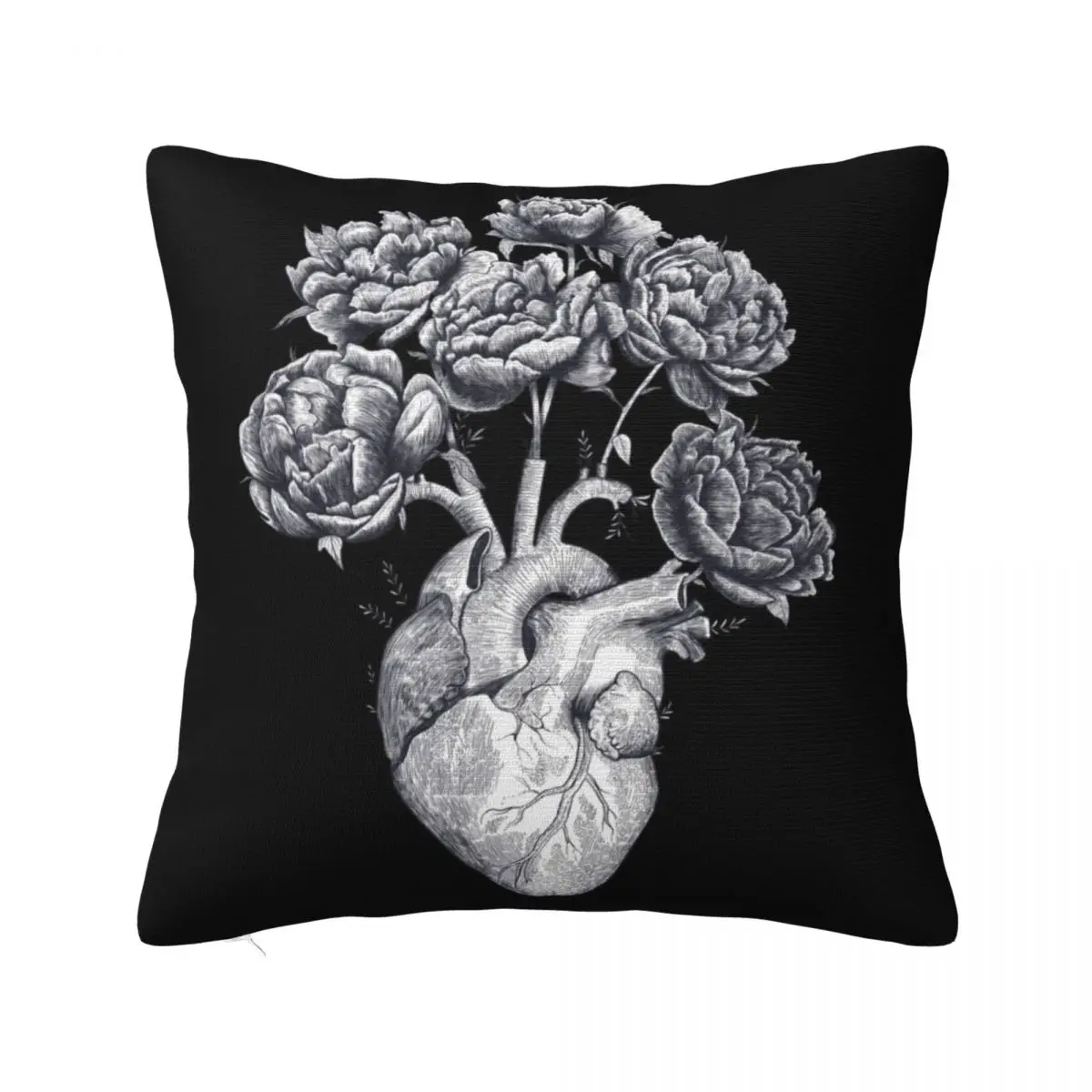 

Heart with peonies B&W on black Throw Pillow ornamental pillows for living room sleeping pillows Pillowcases For Pillows