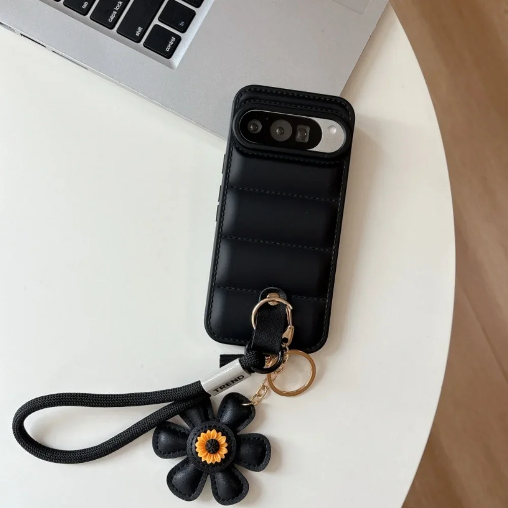 Cartoon Sunflower Down Jacket Lanyard Phone Case with Hand Wrist Strap - Soft TPU Cover
