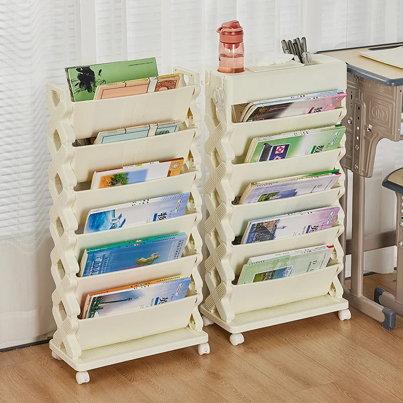 6 Floors Desk Bookshelf Removable Floor-To-Ceiling Shelving Simple Stitched Trolley with Wheel Book Storage Supplies