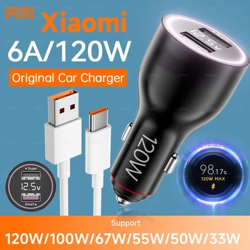 Caricabatterie da auto 120W 100W 90W 6A a ricarica rapida con 2 porte USB A per Xiaomi Mi 17 15 15T 14 14T Ultra 13 12 Pro Redmi Note 14 POCO F7 X8
