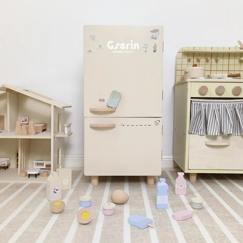 

Wooden Pretend Play Toys Refrigerator Simulation Imitation Game Children Party Role Play Education Toys for Kids