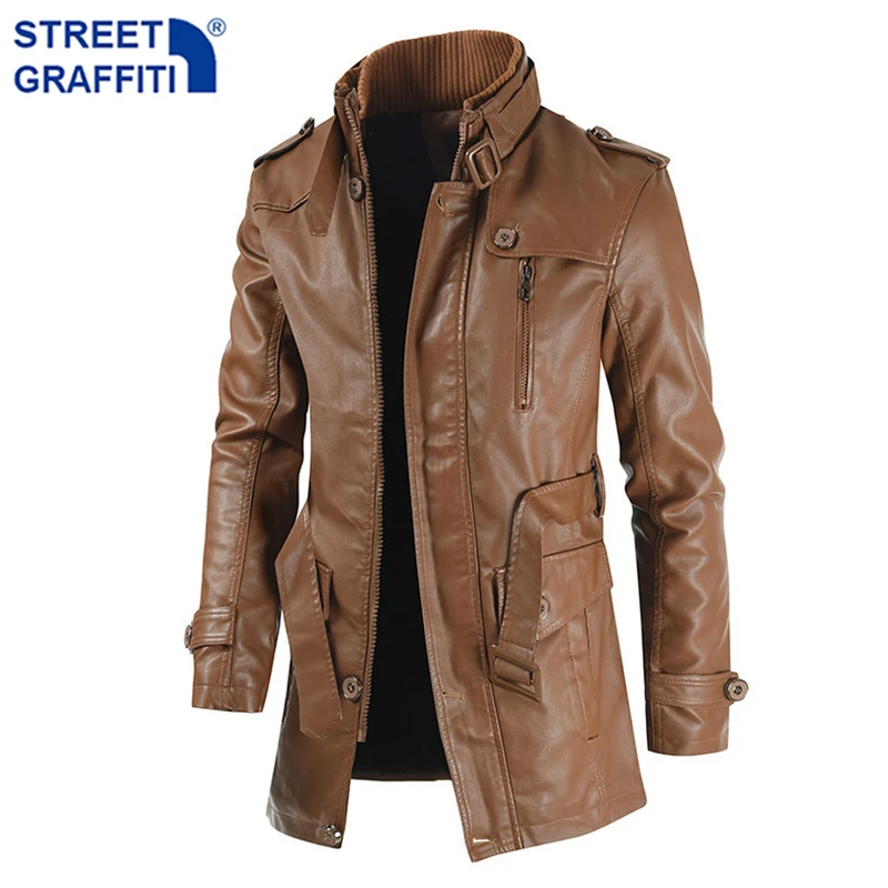 Men Winter Long Thick Fleece PU Leather Jacket Mens Streetwear Casual Business Clothing Porcket Leather Jackets Coat Outwear Men western leather jacket