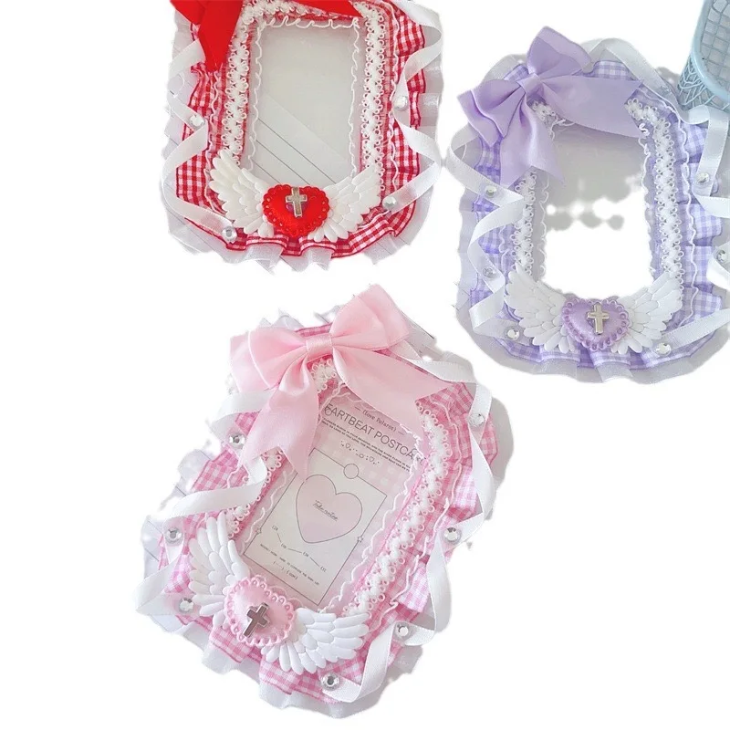 Lace Sleeve Bow Acrylic 3 inch Kpop Photocard Holder DIY Fabric Pendant Angel Wing Sheath Photo Card Holder Bag School Pendant