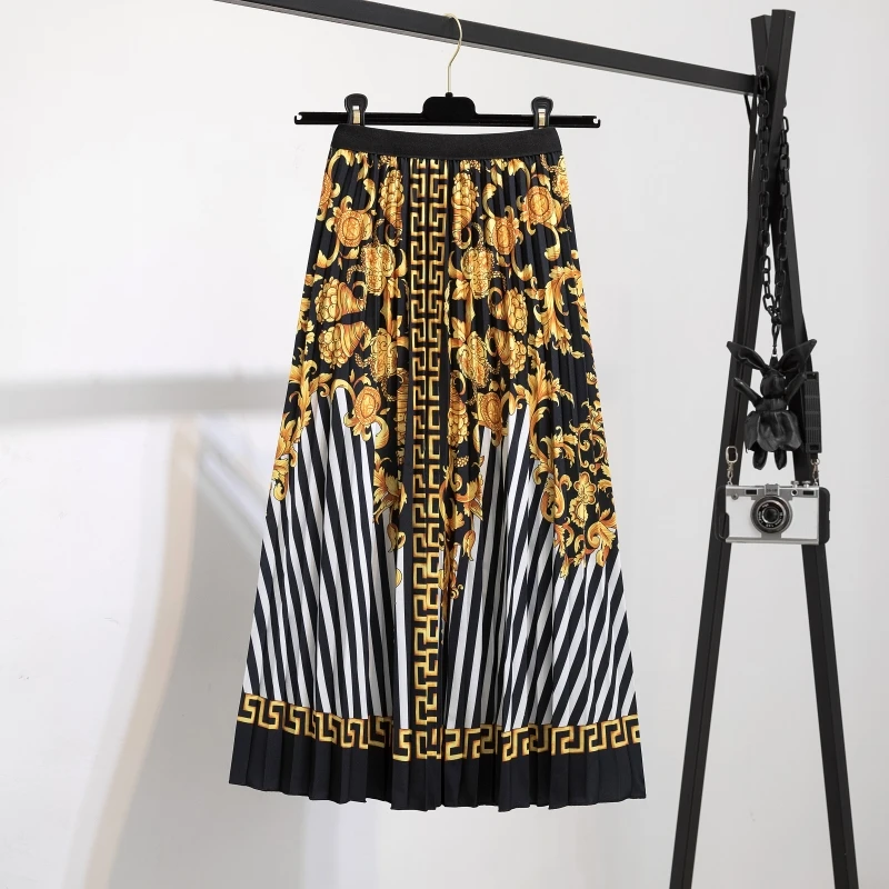 hoop skirt Summer New Women's Printed Retro Pleated Skirt Stretch Waist Mid-length Skirt Women and Calf Loose Pleated Casual  Midi Skirts satin midi skirt Skirts