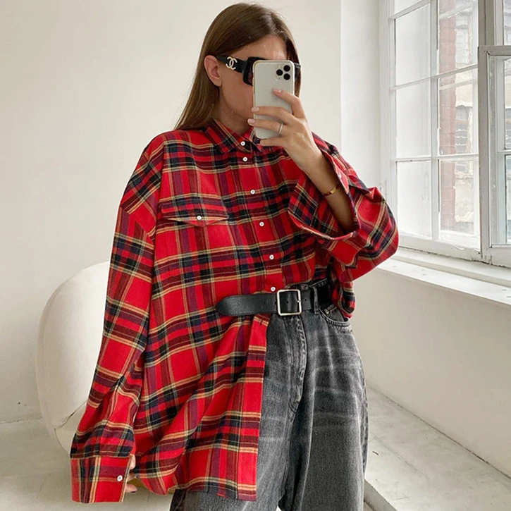 

Bright Gingham Oversized Shirts Women Street Style Casual Shacket Blouses Tops Single-Breasted Autumn 2023 Plaid Female Blusas