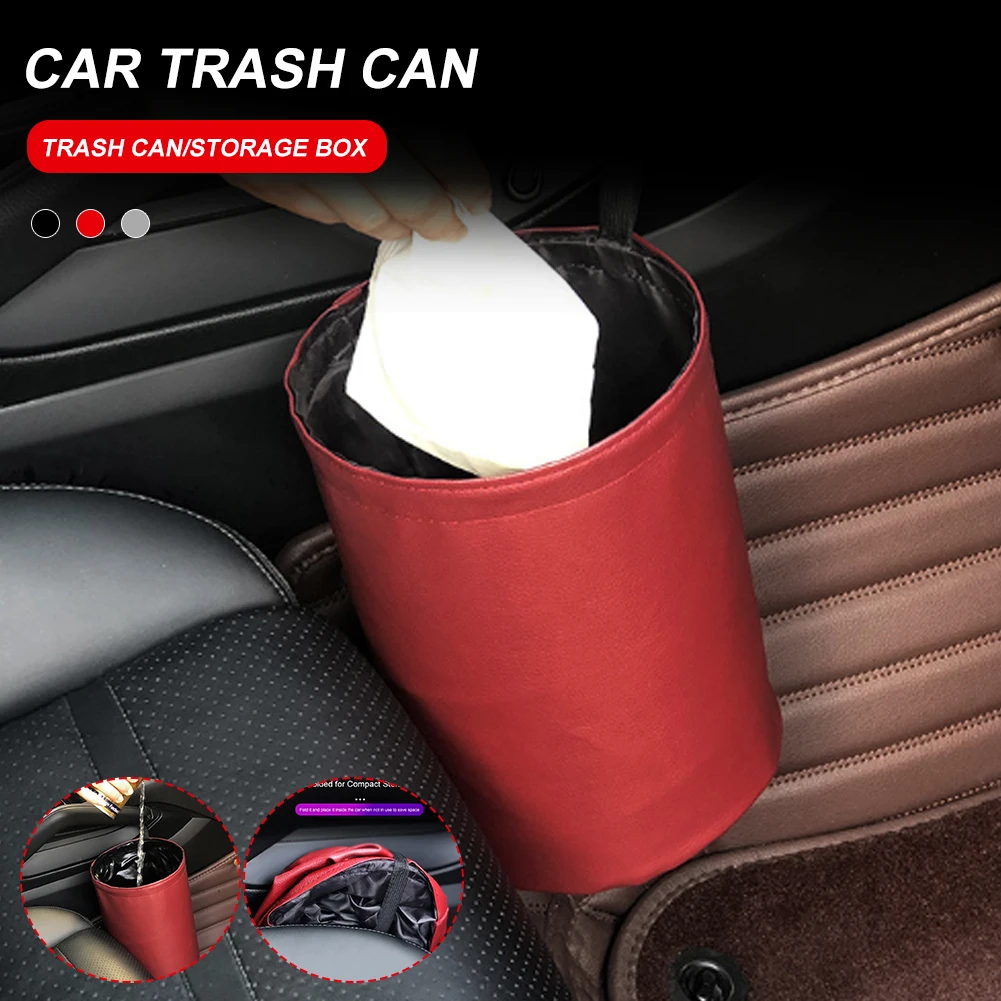 

Portable Car Trash Can Interior Rubbish Container Double-Layer Leather Garage Bag Collapsible Auto Center Console Storage Bag