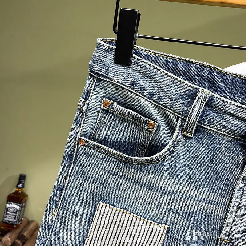Denim Shorts Men - Slim Fit Knee Length Casual Summer Pants With Trendy Patch