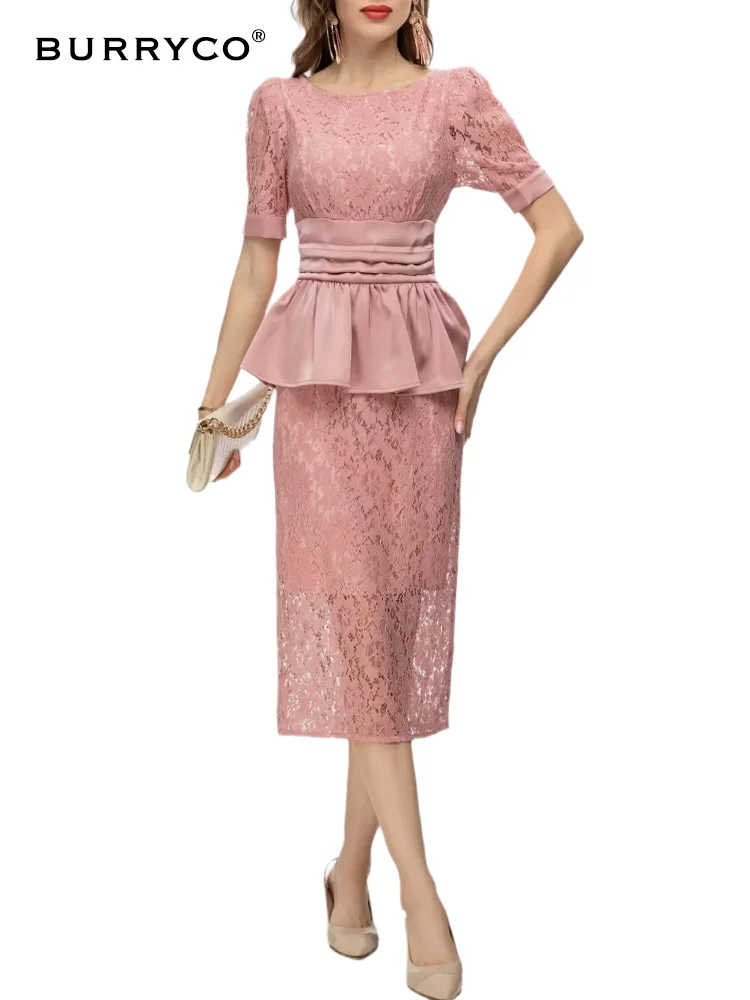 

BURRYCO Women's New 2023 Summer Original Design Ruffled Round Neck Lace Hollow Short Sleeve Waist Wrapped Dress