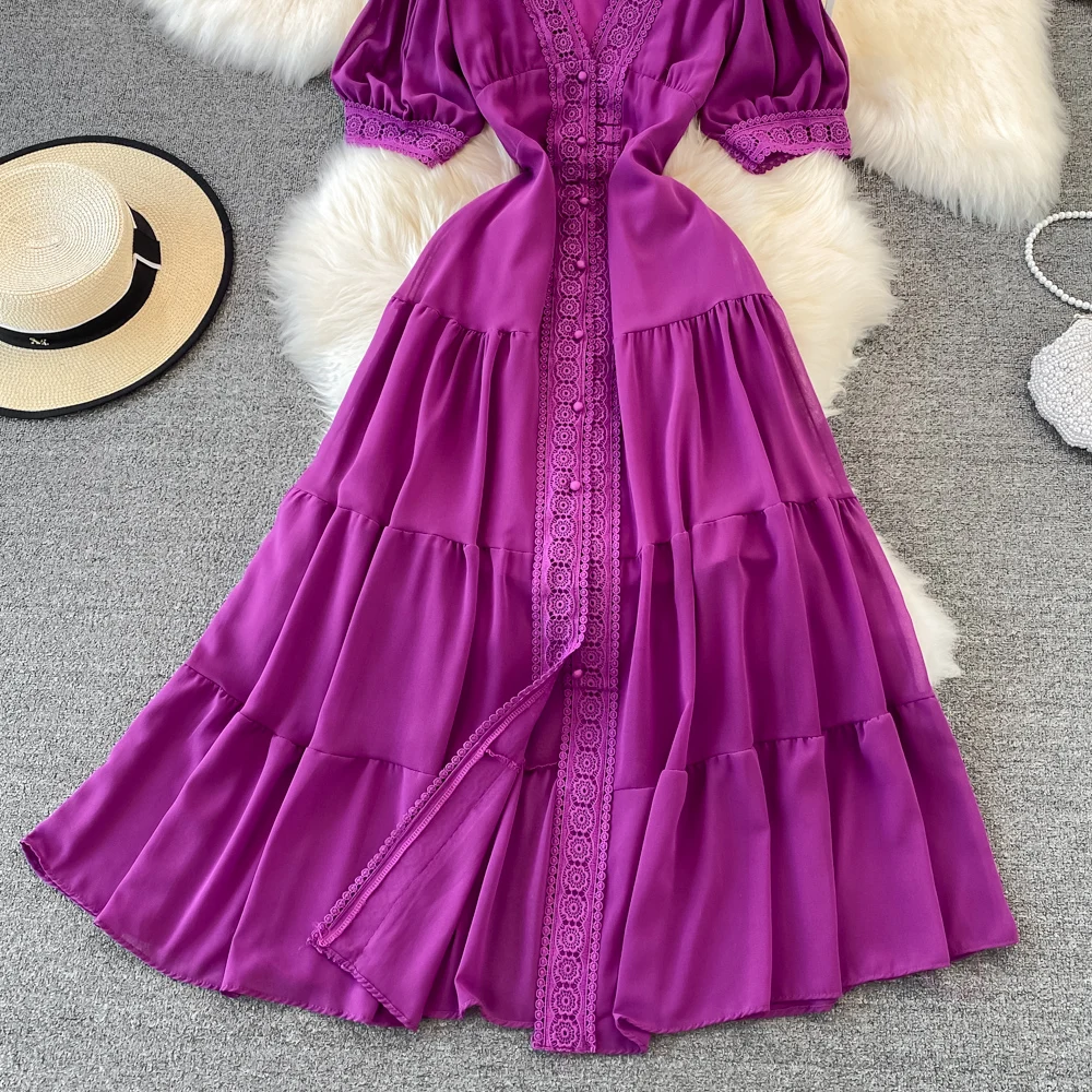 New Women Vintage Party Dress Summer Puff Sleeve Sexy V Neck Lace Single-breasted Long Dresses Ladies A Line Elegant Long Robe