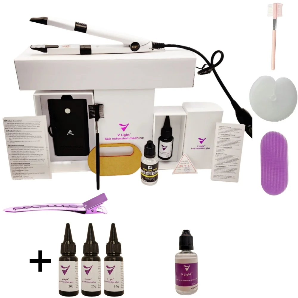 Máquina de extensión de cabello con tecnología v-light, cinta sin rastro, Kit de herramientas de extensión de cabello con pegamento de extensión de cabello ligero en V