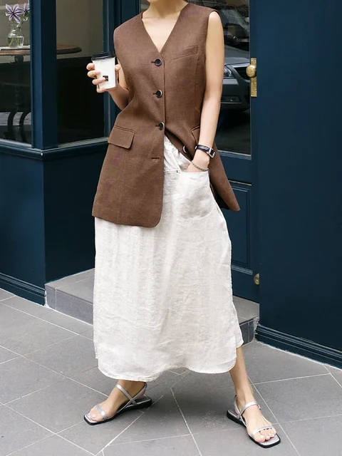 Retro 100% Linen Women'S Skirt Casual Solid Elastic High Waist Skirt Pants Korean Japanese Y2k Long Skirt Saia Feminina 1
