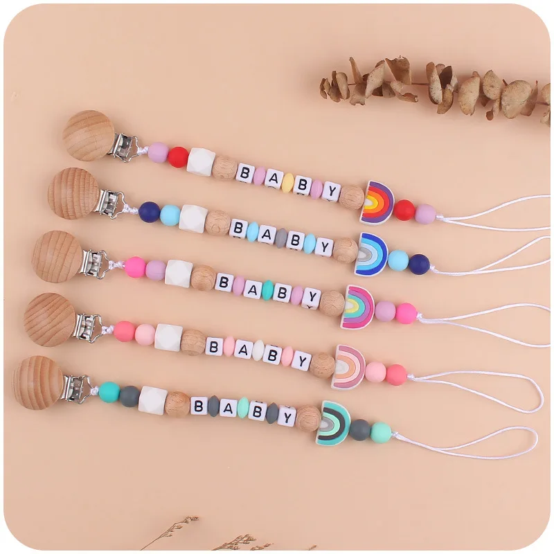 Baby Pacifier Chain Beech Wood Creative Cartoon Silicone Rainbow Chain Teething Teethers Anti-falling