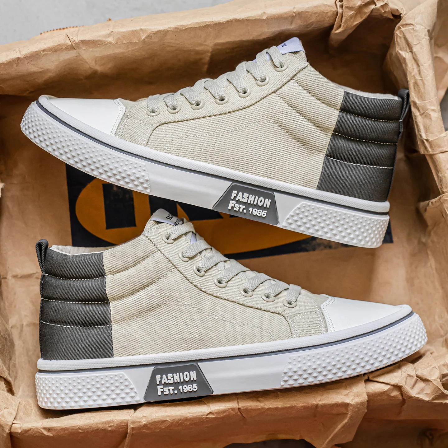 Men's canvas shoes, fashionable and trendy, mid-top, comfortable, suitable for outdoor hiking, lightweight, blue and beige, vers - Image 4