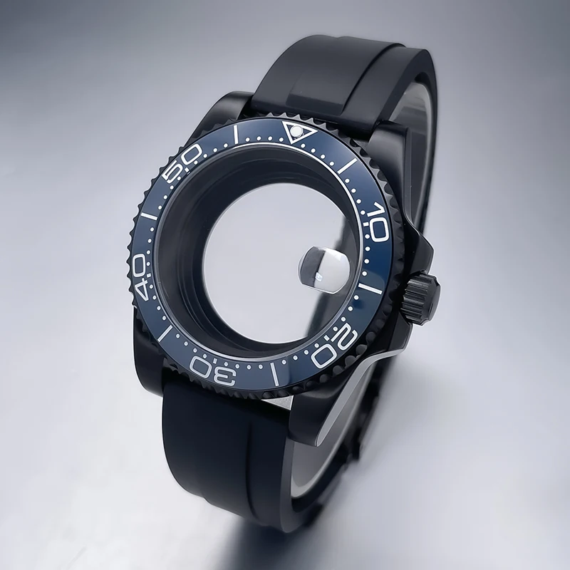 All-Black Sub Style Watch Case with Rubber Strap and Sapphire Crystal