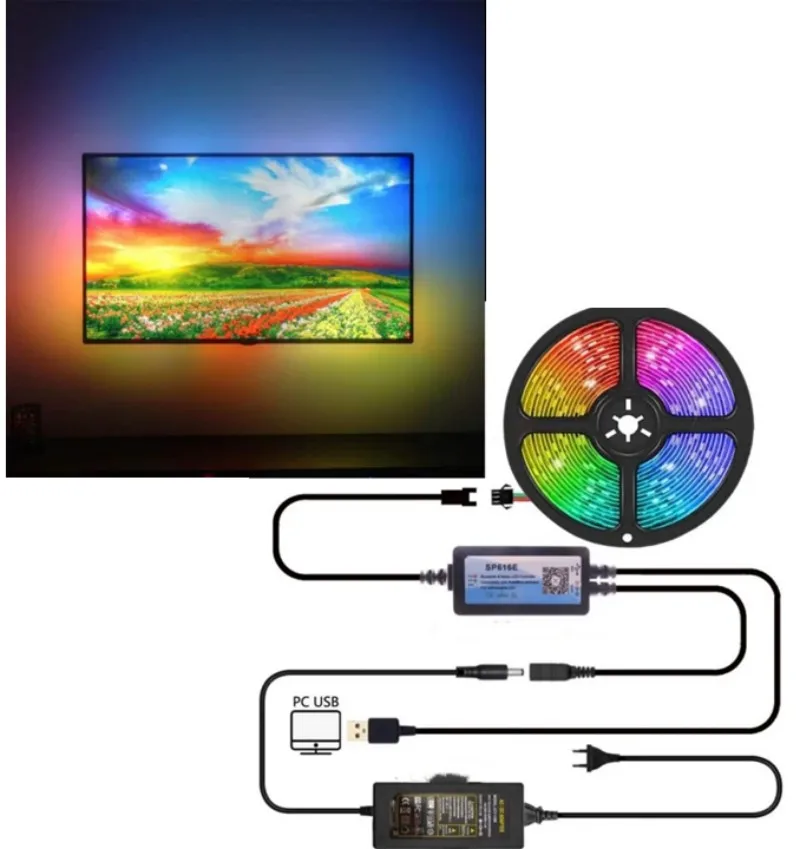 WS2812B LED Strip DIY Ambient PC Dream Screen WS2812 Light USB Computer Monitor Backlight SP616E Bluetooth&Music Controller Set 1 5m usb ambient led strip ws2812 rgb light computer monitor desktop pc screen backlight lighting ambient tape ribbon string