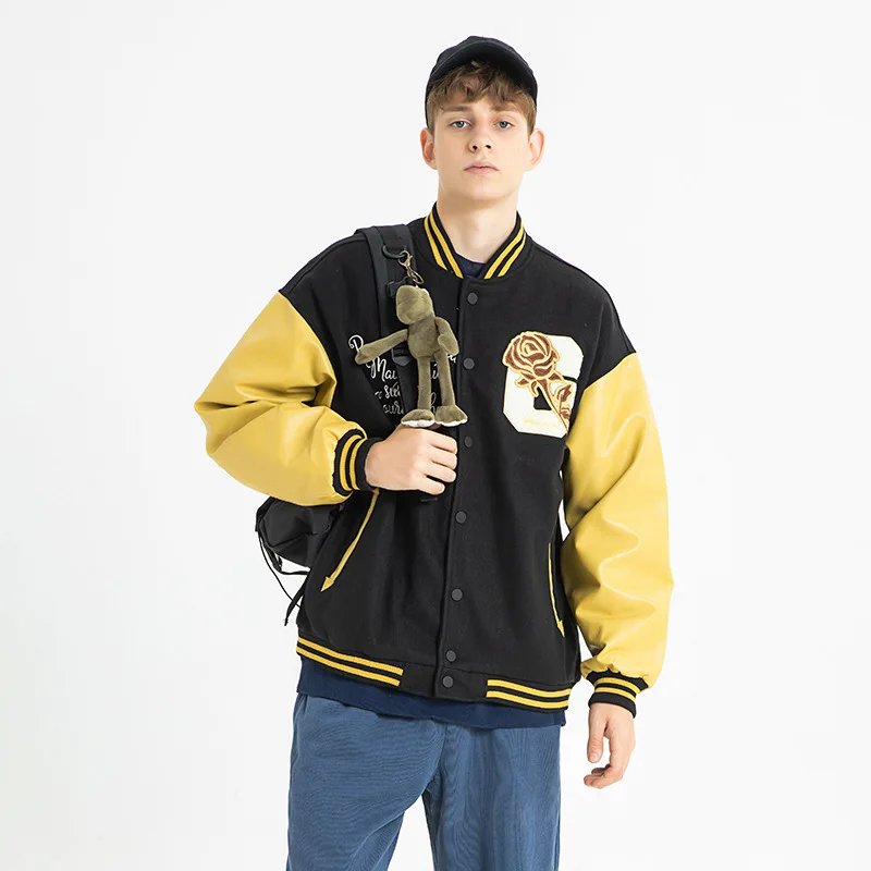 

Men's Rose Embroidered Jacket High Street Trend Splicing Couples Jacket Fashion Hip Hop Streetwear Loose Baseball Jacket for Men