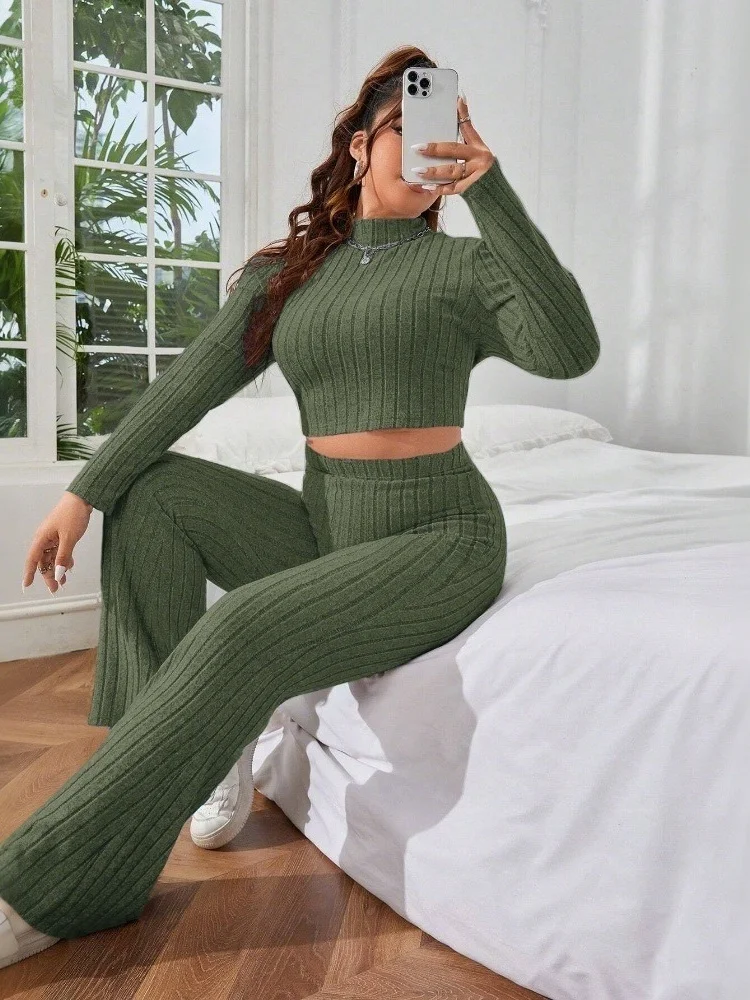 Wmstar Plus Size Women's Two Piece Sets Fashion Autumn and Winter Solid Color Comfortable and Slimming Bodycon Matching Suit