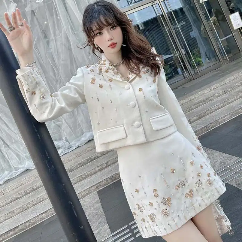 Luzury Brand Hand Beaded Diamond Fashion Apricot Slim Fit Blazer Skirt Suit  Runway High Fashion Party New Clothing Autumn