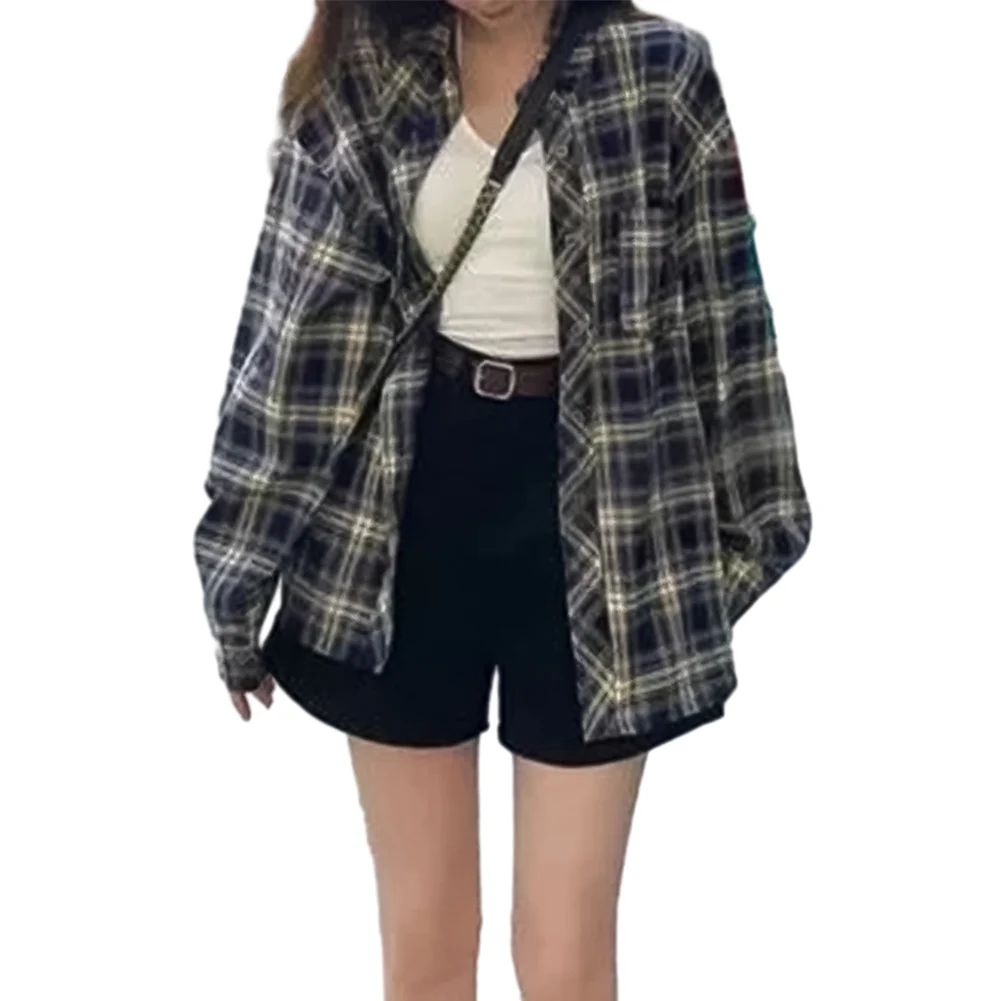 

Plaid Shirt Shirt Korean Leisure No Elasticity Polyester Solid Color Sweet Treasure Blue Y2K Comfortable Fashion