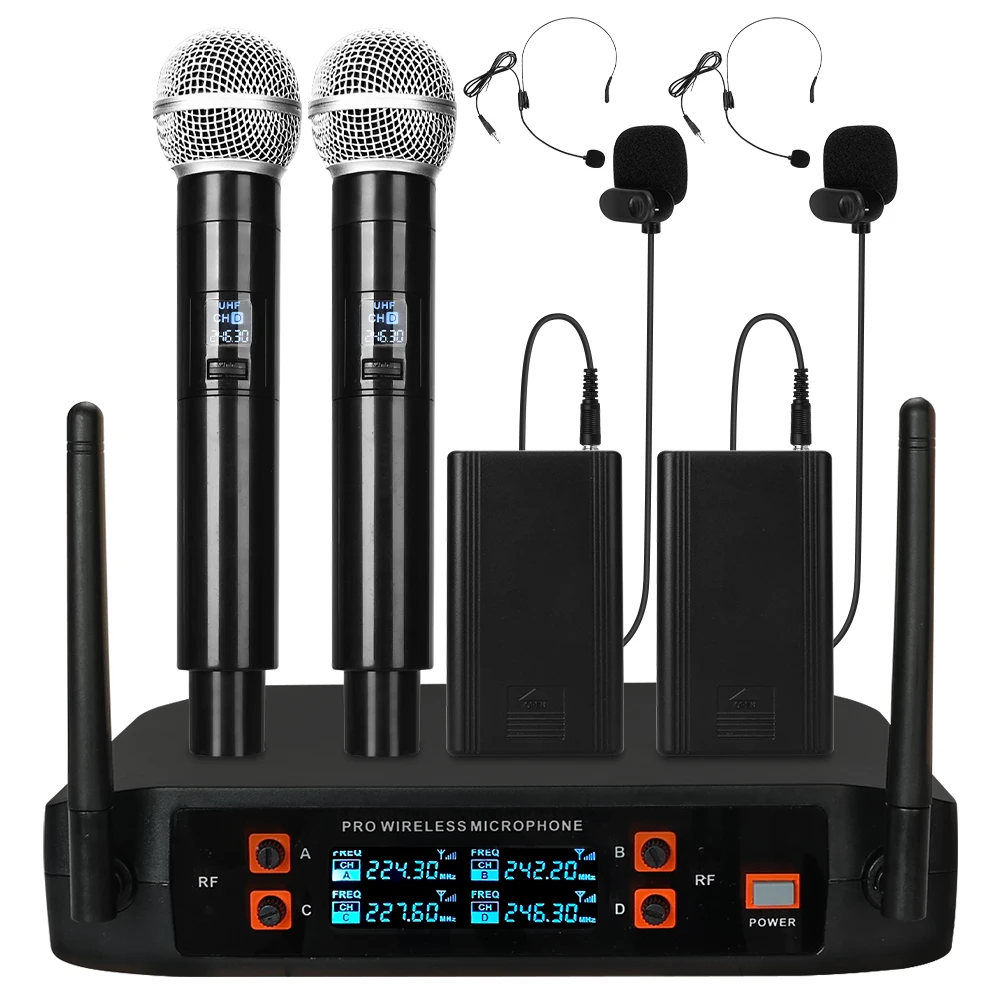 UHF4ChannelWirelessMicrophoneDualUHFBodypackCordlessLavalier
