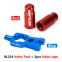 Universal 4-in-1 Bike Valve Core Wrench with Presta Caps - Portable Bicycle Repair Tool Set (1 tool 2 caps Red)