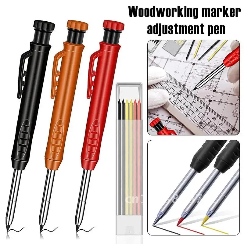 

Carpenter Pencil Set with 6 Solid Refill Leads Built-in Sharpener Deep Hole Mechanical Pencil Marker Marking Tool Woodworking