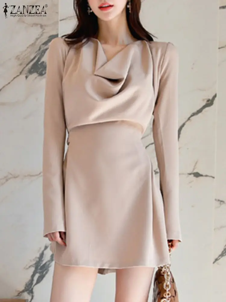 

ZANZEA Korean Chic Mini Vestidos 2023 Autumn Party Evening Dresses Elegant Cowl Neck Dress Women Long Sleeve Collect Waist Robe
