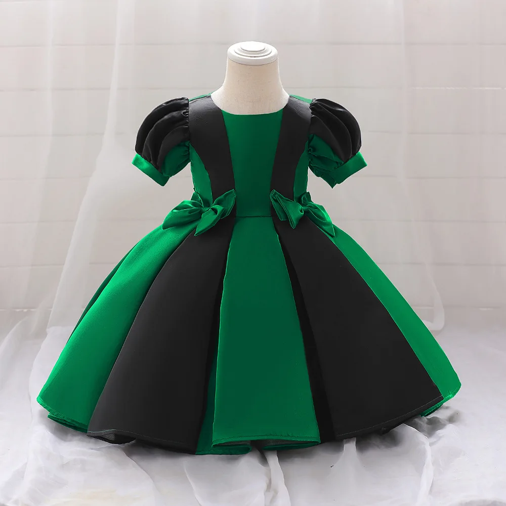 

Black Green Satin1 St Birthday Party Dresses Ballgown O-neck Short Sleeves Christmas New Year First Communion Gown