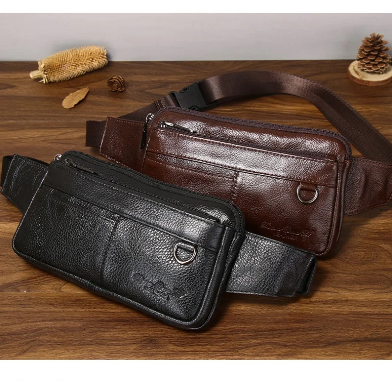 

Luxury Genuine Leather Men's Business Belt Bag Multi-Functional Mobile Phone Waist Bag Ultra-Thin Casual Satchel Chest Bag