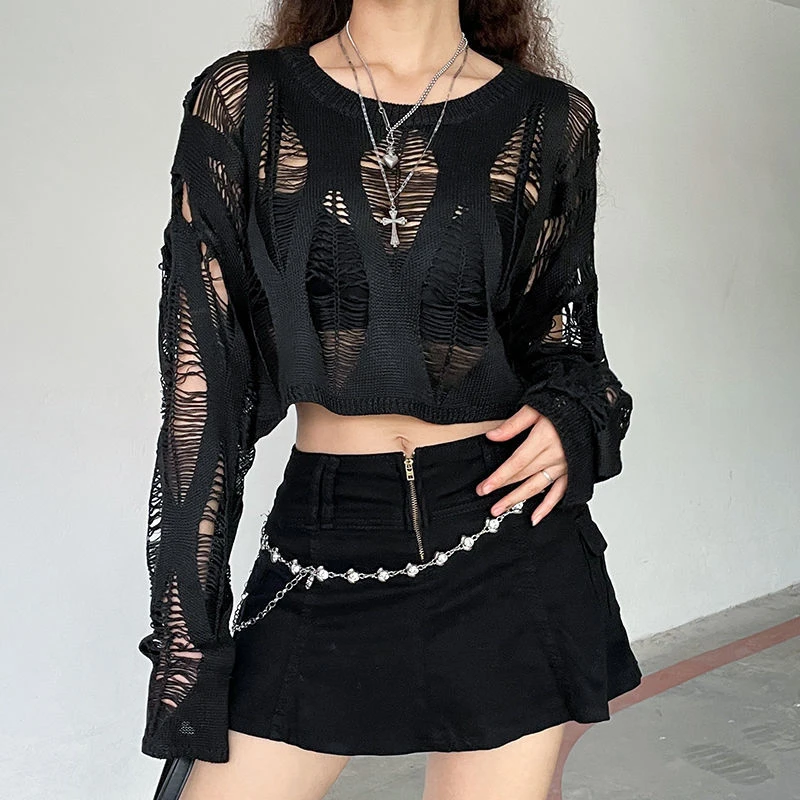 

Vintage Loose Hollow Out Pullovers T-shirt Women 2023 Casual Y2K Clothes Smock Tops Summer T Shirts Fairycore Grunge Knitwear