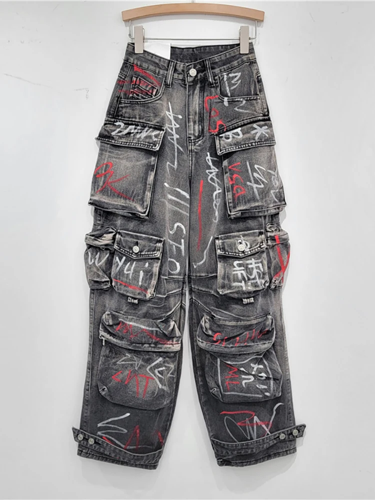 DEAT Women's Jeans High Waist Multiple Pockets Graffiti Grey Letter Straight Wide Leg Cargo Denim Pants 2024 Summer New Fashion