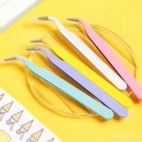 Stainless Steel Straight Curved Tweezers Colorful Pink Blue Purple DIY Eyelash Tweezer Nail Art Sticker Rhinestones Picking Tool 1