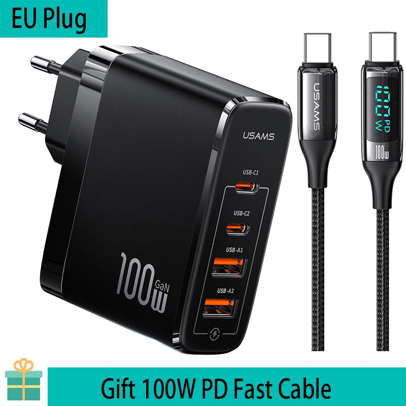 65 watt usb c charger USAMS T44 100W 4 Ports GaN Fast Charging USB A C Power Adapter Phone Charger For iPhone iPad Huawei Xiaomi Samsung Tablet Laptop best 65w usb c charger Chargers