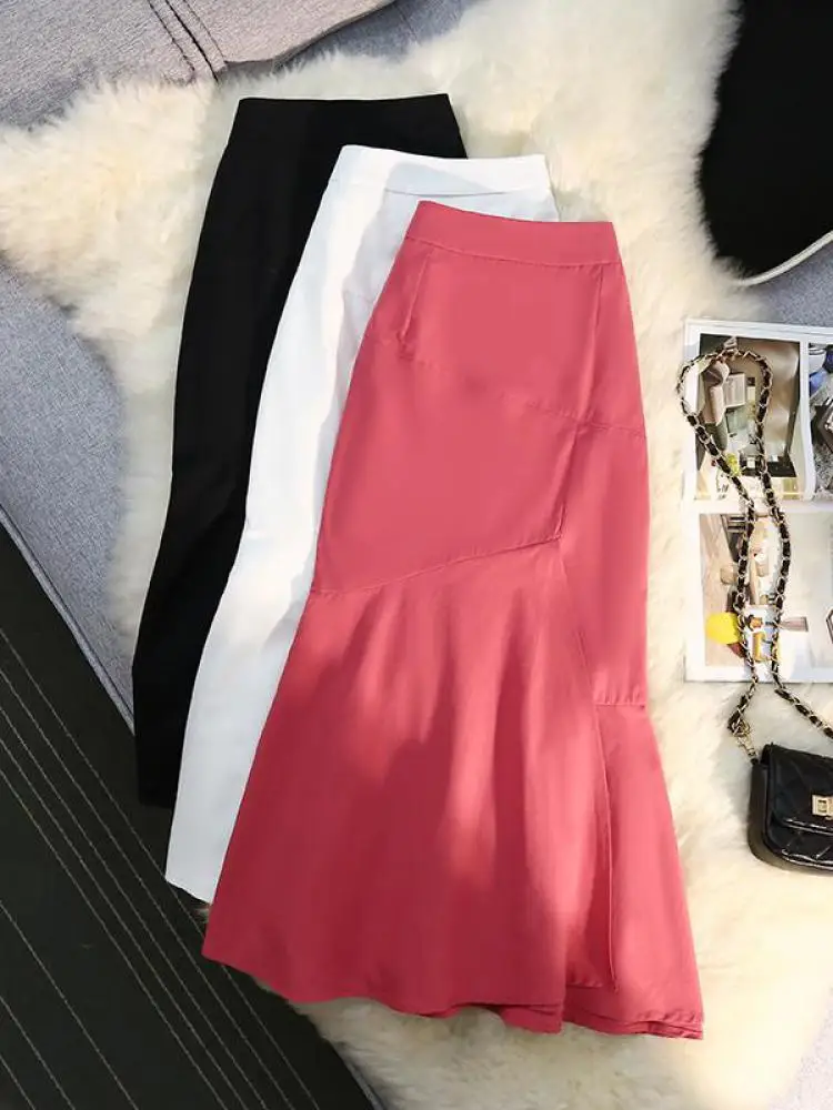 

Summer Elegant Long Skirt Womens Fashion Irregular Wrap Hip A-line Skirts Office Lady Solid Color All-match Midi Skirt Female