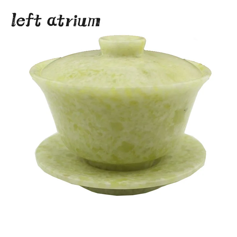 Natural Jade Gaiwan Health Gongfu Teaware Genuine Chinese Jades Stone Bowl Cover Teacups Chinese Tea Ceremony Kung Fu Teaset