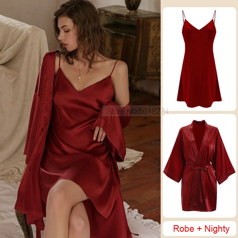 Women Sleepwear Satin Robe Set Nightdress Kimono Bathrobe Gown