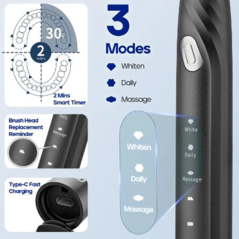Seago Electric Toothbrush 10 Brush Heads Travel Box Toothbrush Holder Rechargeable Power Gift Family