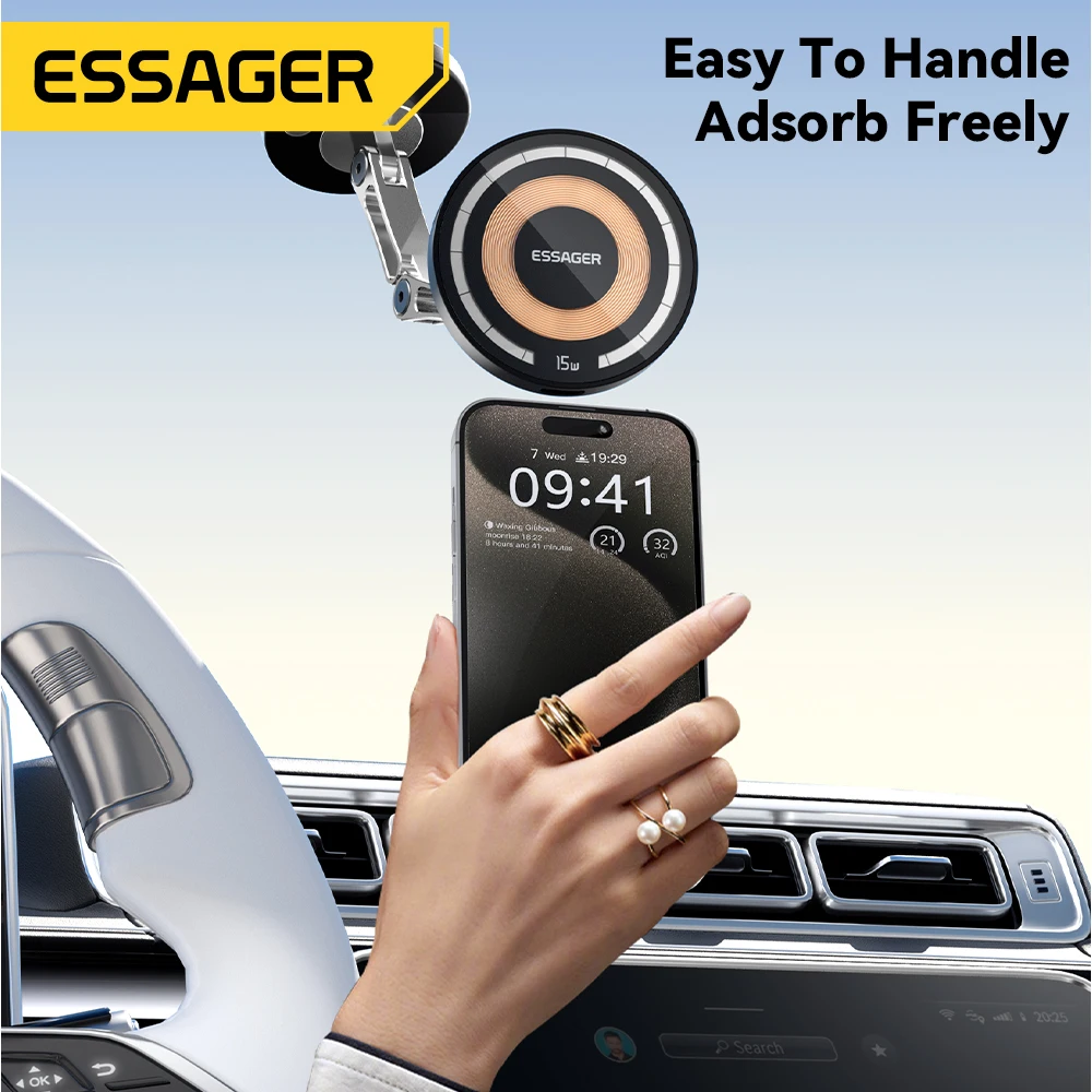Essager 15W 자기 무선 자동차 전화 홀더 텔레스코픽 360 학위 자동차 마운트 아이폰 15 14 삼성 유니버설 홀더 스탠드