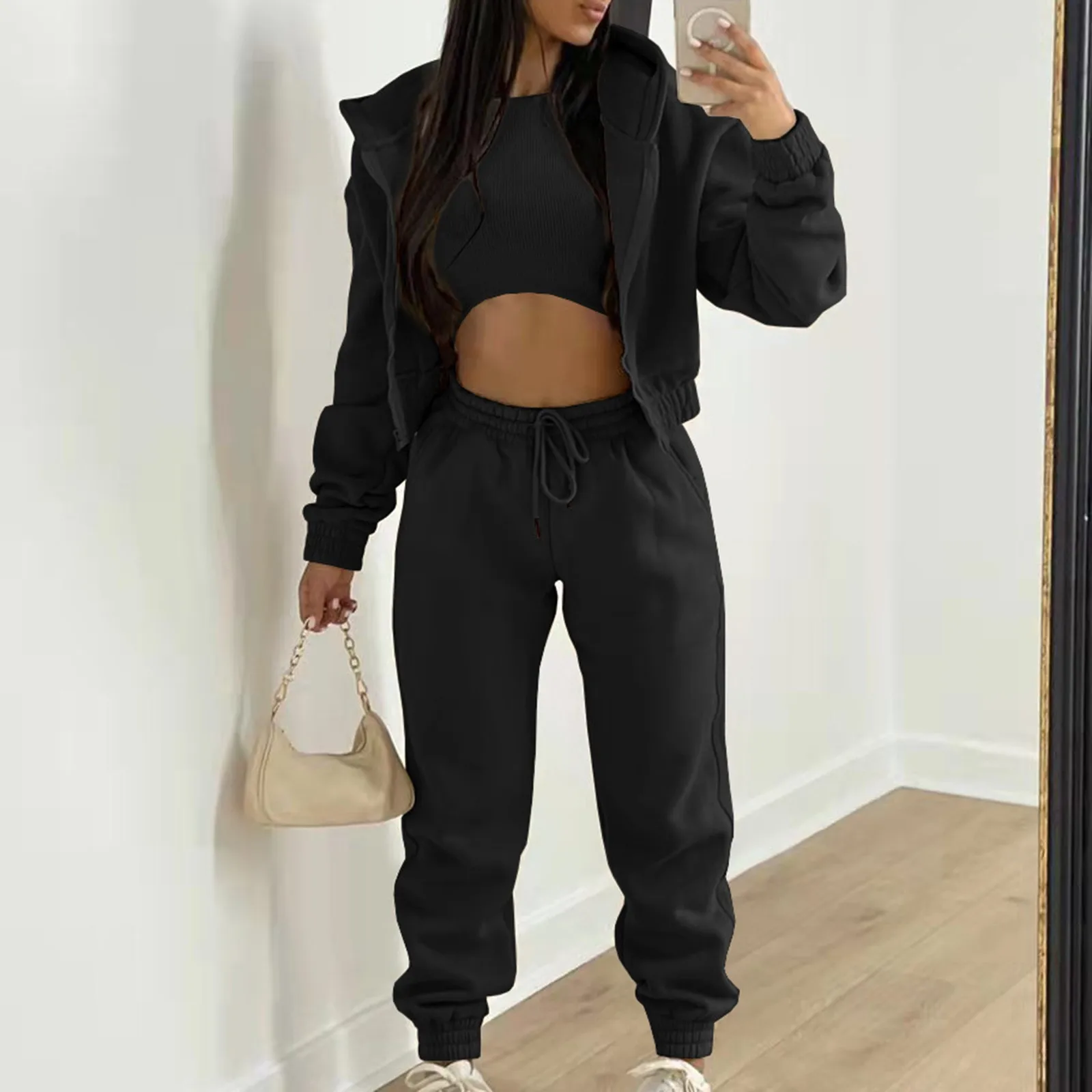 

3 Piece Set Women's Slim Fit Tracksuit Casual Spring Sporty Outfits Solid Zip Hooded Crop Tops+Vest+Pants Set Streetwear