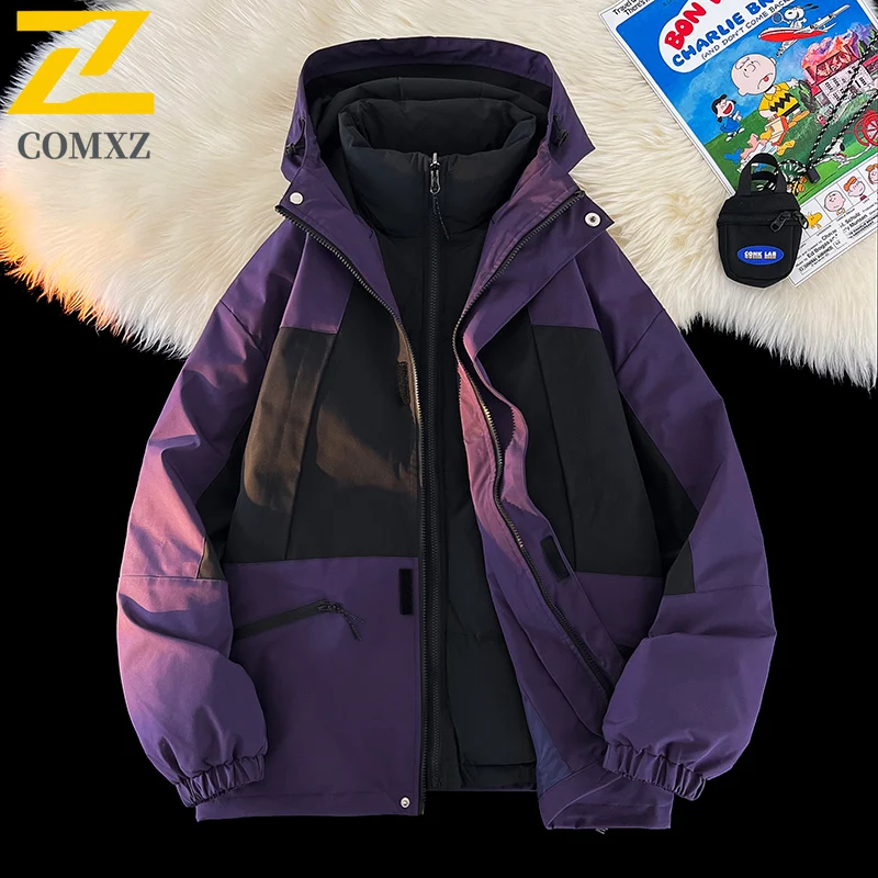 ​Men 3-in-1 Thickened Puffer Jacket Winter Thermal Parka Outerwear Windproof Fleece Lining  Windbreaker Detachable Hood​ Coat