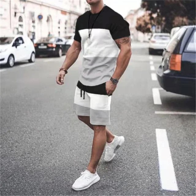 2022 New Summer Men's Suit Casual Beach Shorts Suit Sea View 3D Printing Short Suit Ordinary O-neck T-shirt 2-piece Set Oversize TS1287
