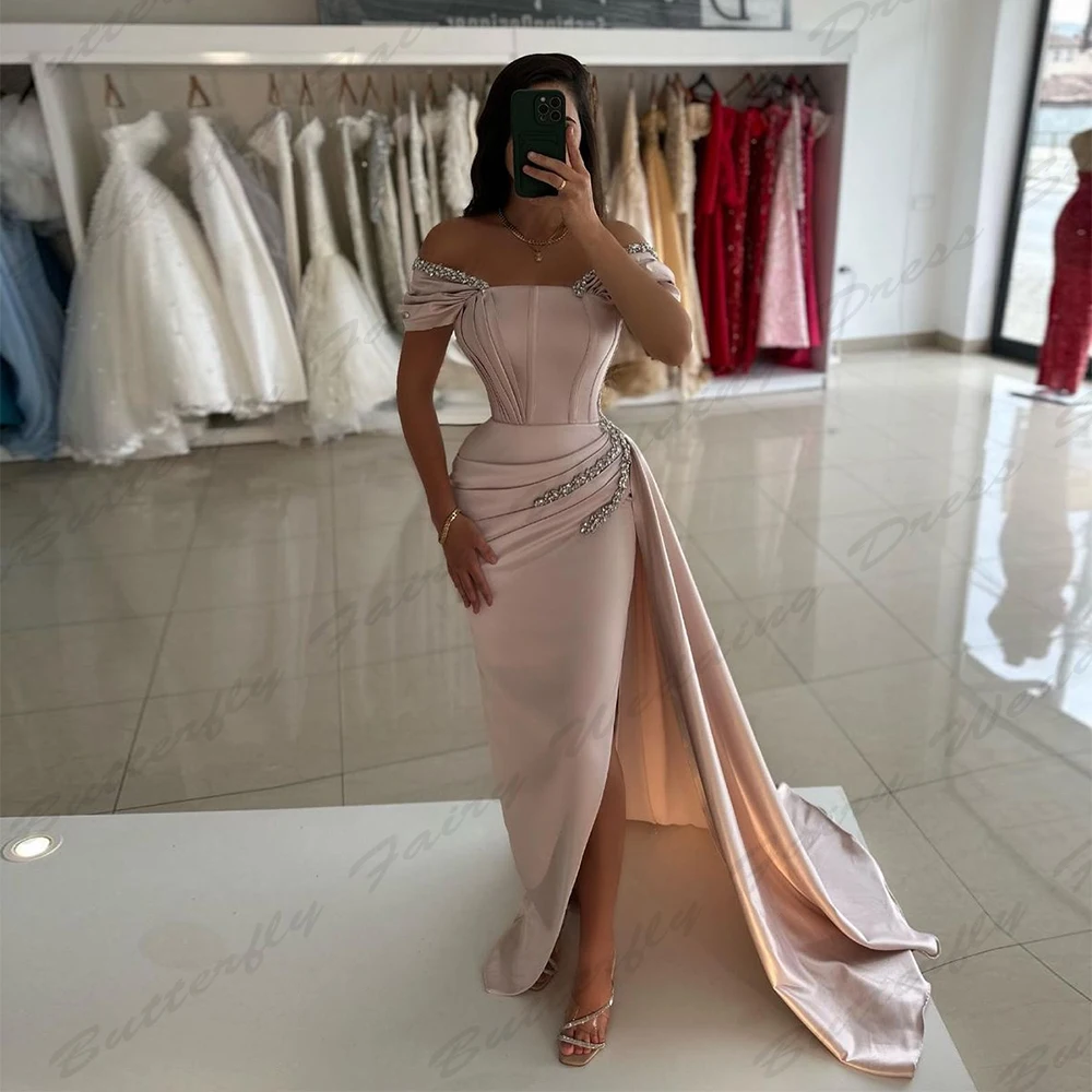 Sexy Backless Mermaid Evening Dresses Elegant Vintage Off Shoulder Short Sleeved High Slit Simple Mopping New Party Prom Gowns