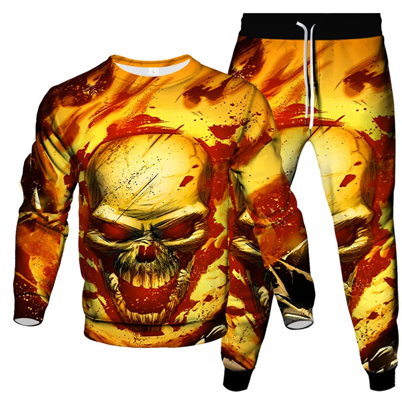 Fashion Skull Fire 3D Print Men's Sportswear Set Casual Long-Sleeved T Shirt Pants 2-Piece Set Oversized Pullover Men Clothing 3